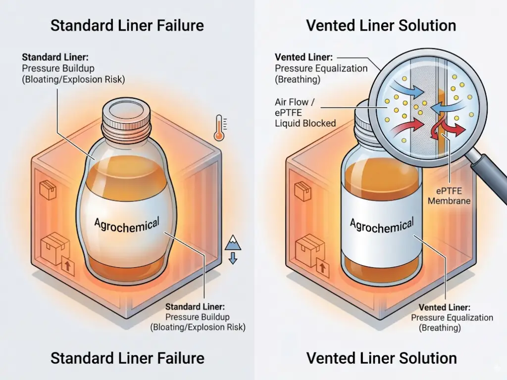 Image of a vented cap liner allowing gas escape from a chemical bottle