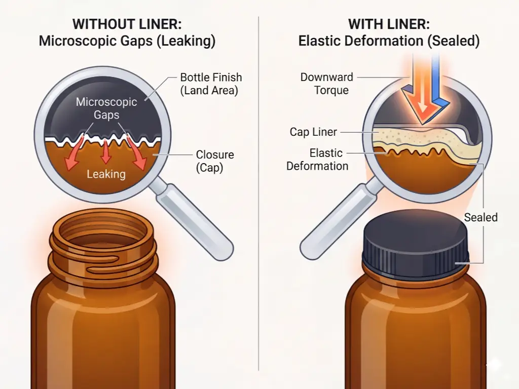 Diagram showing microscopic channels between a bottle rim and cap