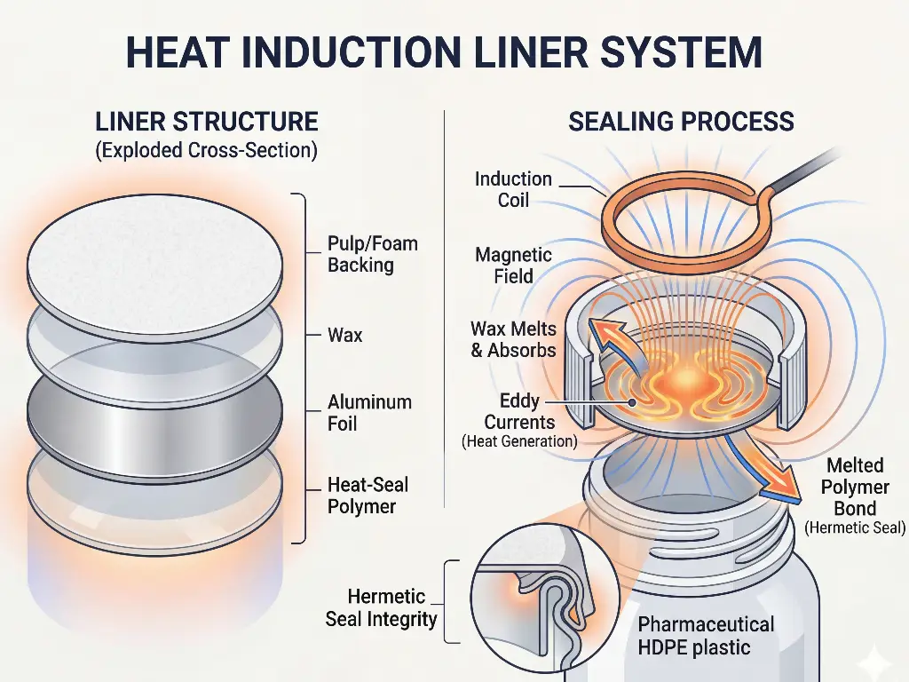 Illustration of the heat induction sealing process layers and mechanism