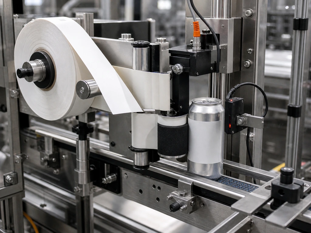 A pressure-sensitive labeler applies a wrap label to an aluminum can.