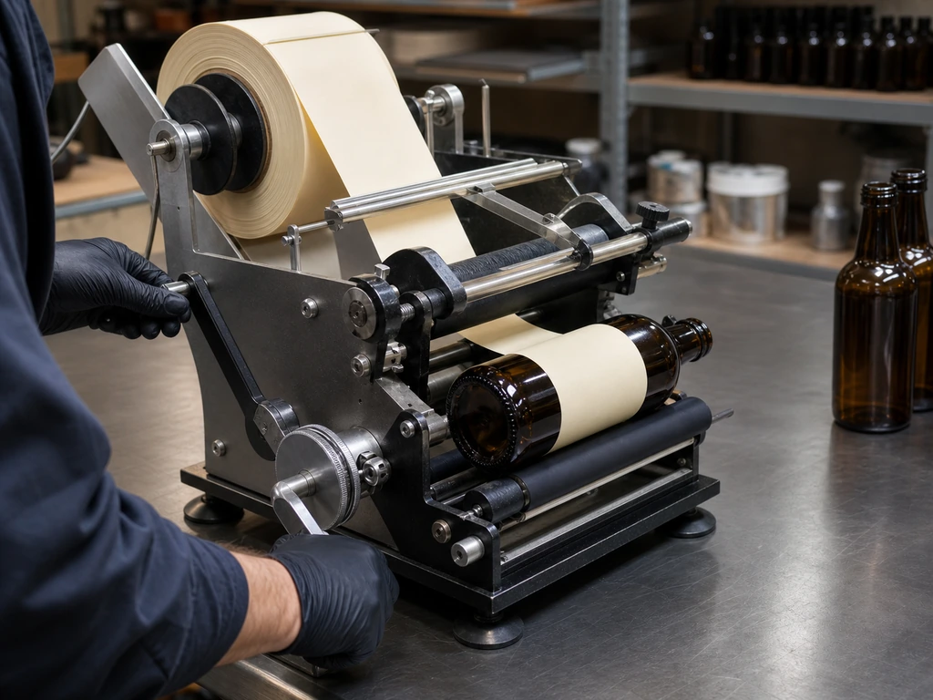 A worker hand-cranks a manual bottle labeling machine.