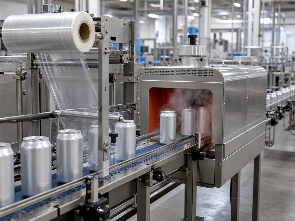 Aluminum cans pass through a shrink-sleeve applicator and heat tunnel.