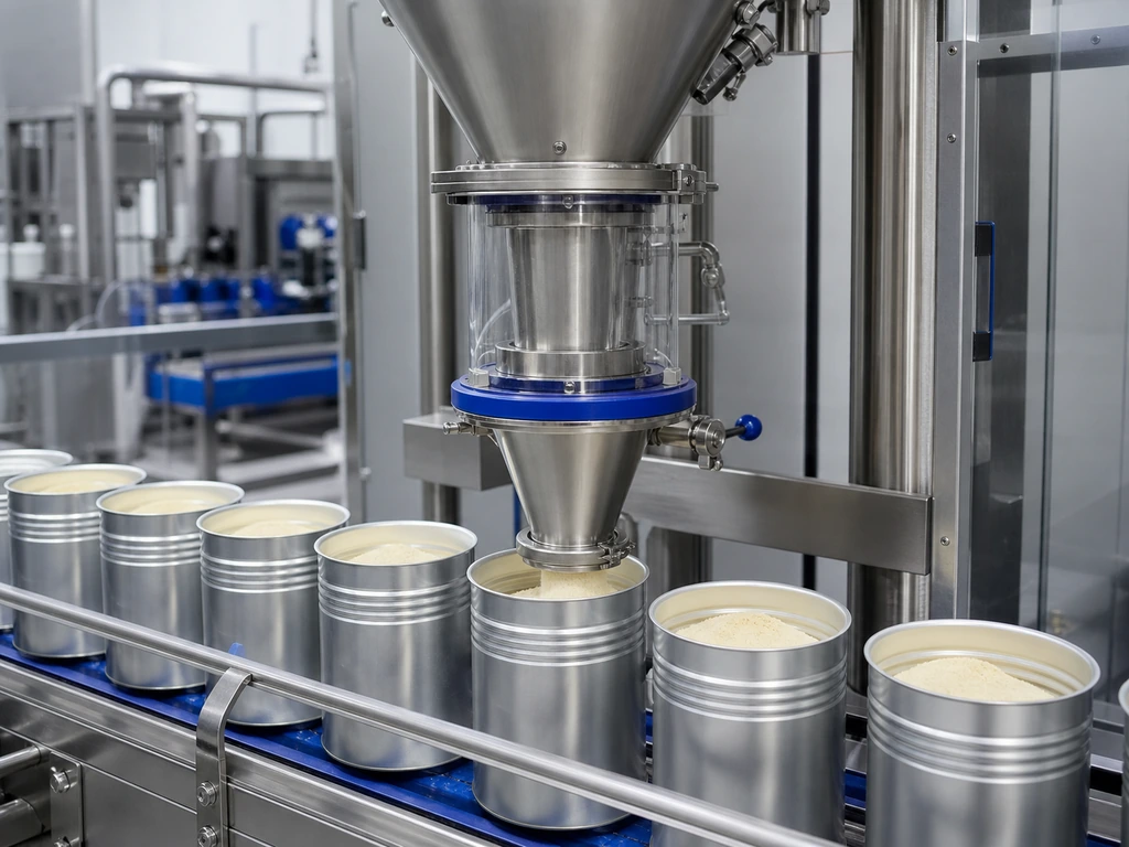 Stainless-steel auger filler dosing powder into aluminum cans.