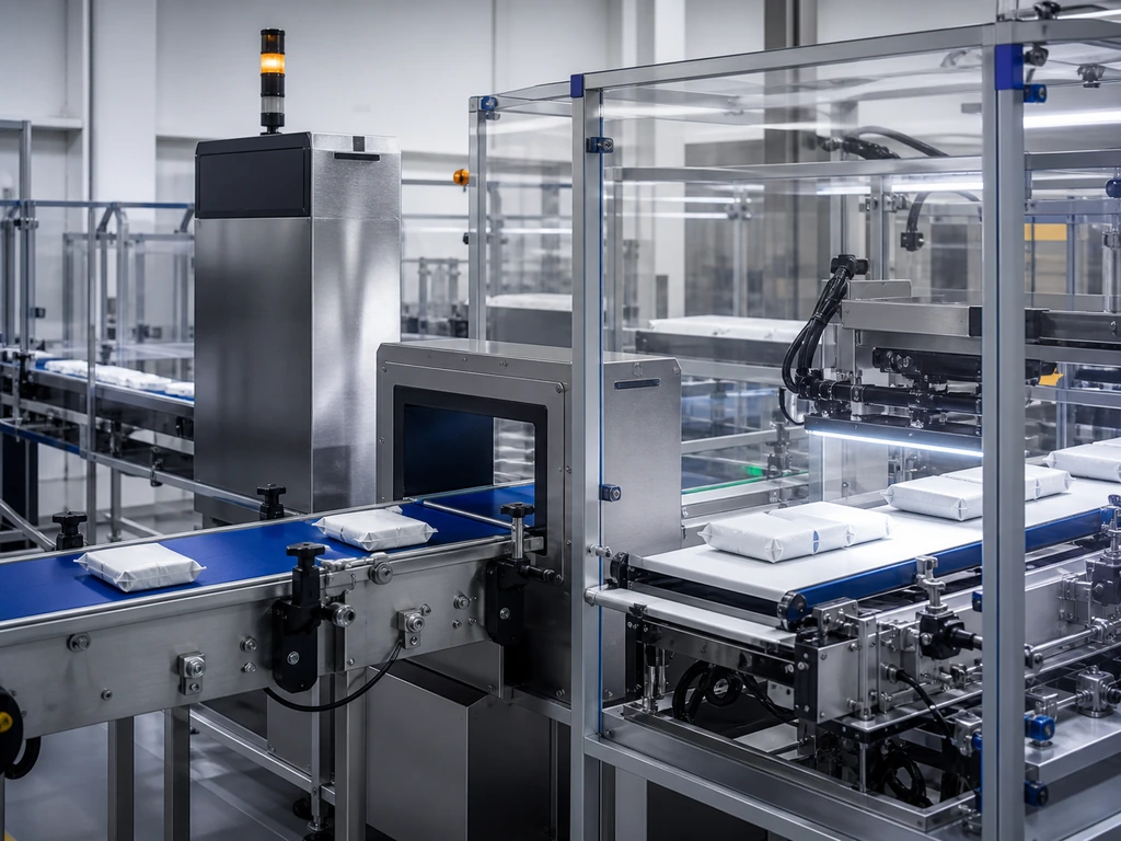 Packages moving through checkweighing and inspection on an integrated line.
