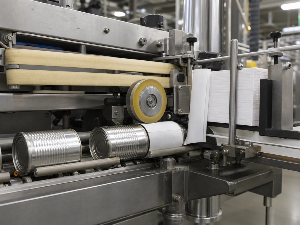 A roll-through cold-glue labeler applies a paper label to cylindrical cans.