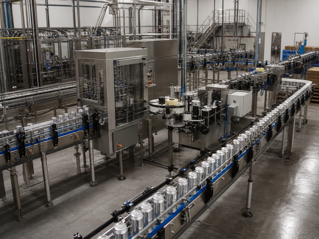 An integrated can line connects seaming, labeling, accumulation, and packing.
