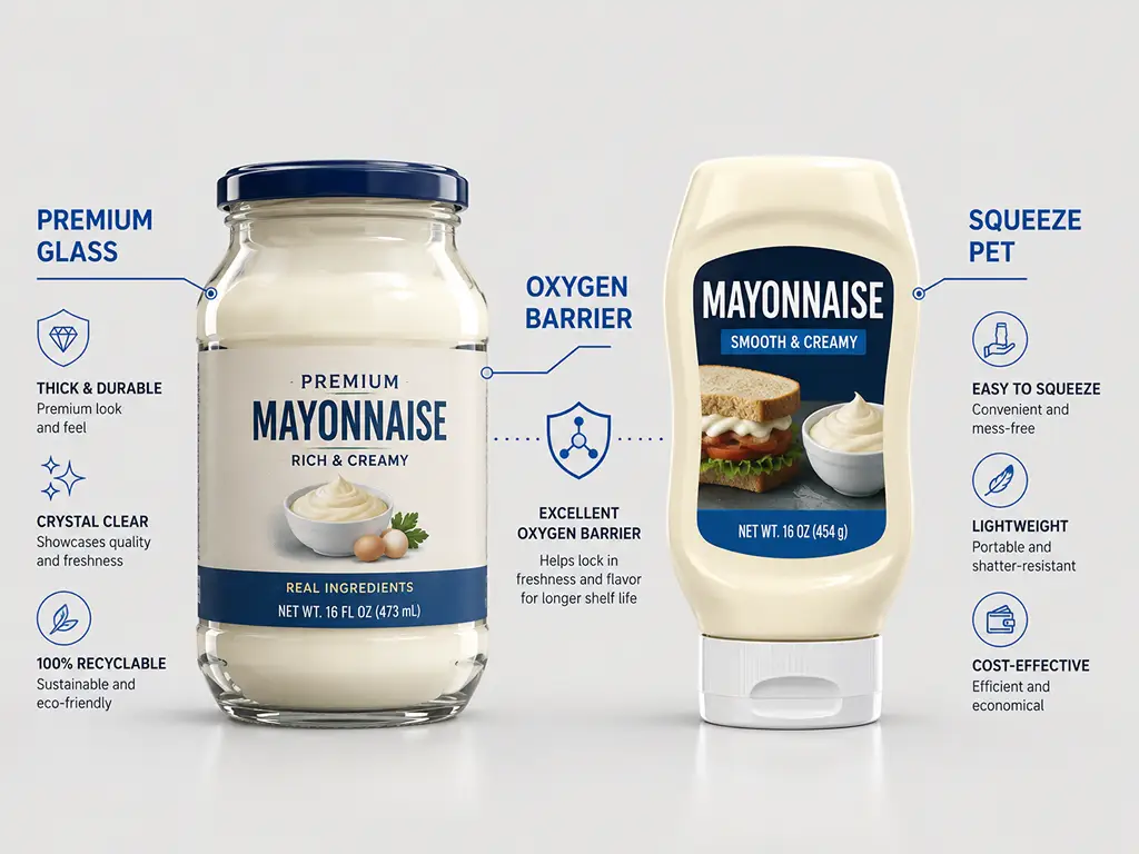 Mayonnaise in Glass Jars and Plastic Bottles