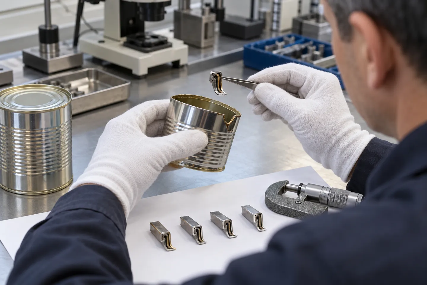 Quality inspector with white gloves examining a cut can seam cross section with tweezers, seam sample strips and a micrometer laid out on the inspection bench