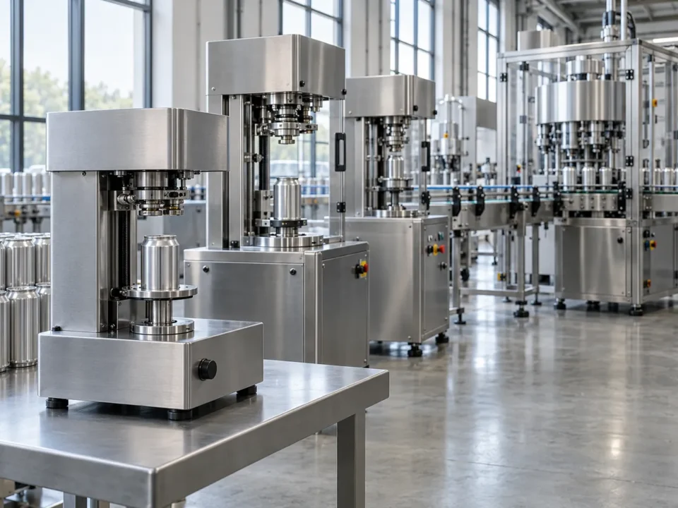 Factory showroom with a benchtop can seamer, semi-automatic can sealing machines, and a fully automatic can seaming line in one frame, showing why the can sealing machine price spread on one search term is so wide