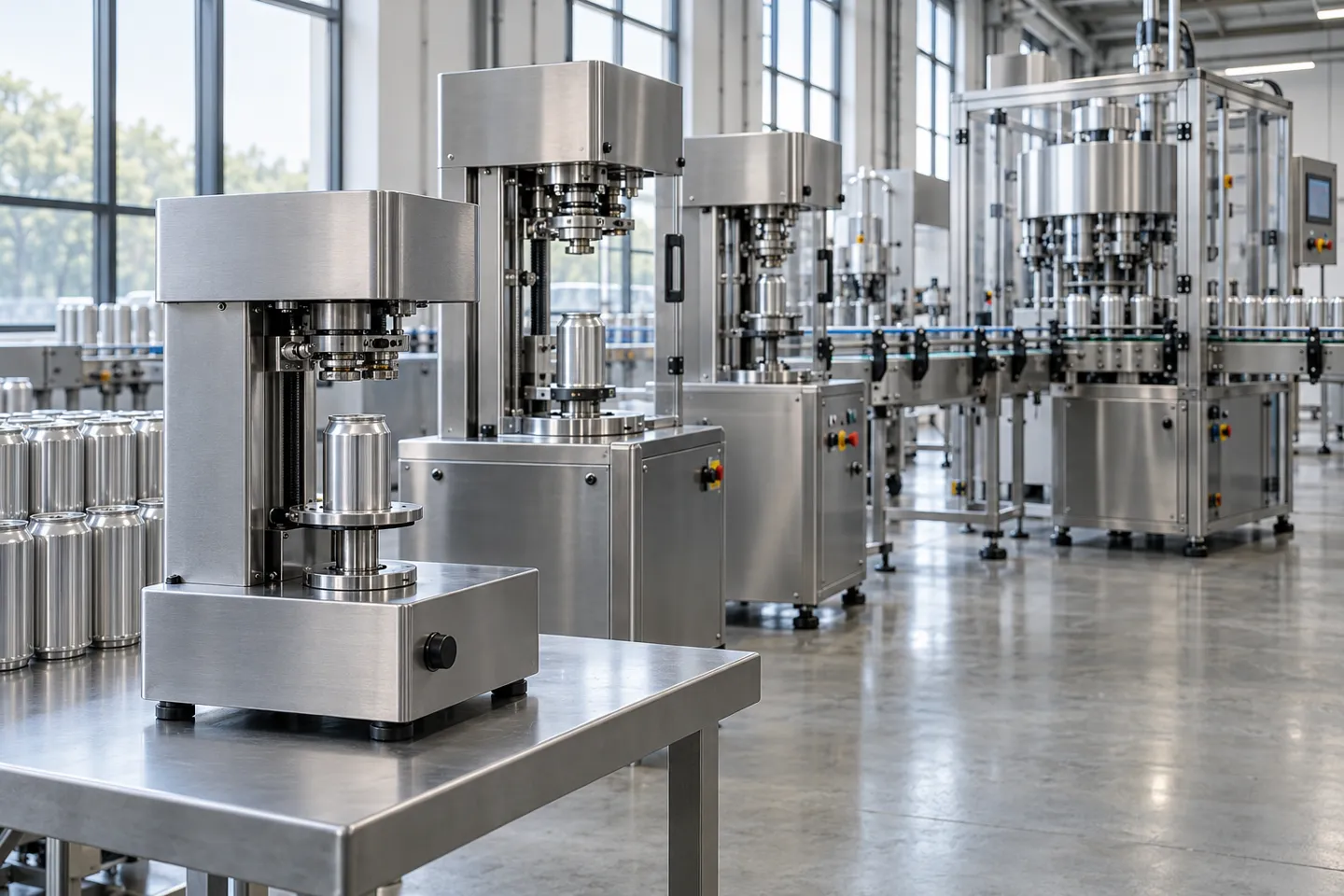 Factory showroom with a benchtop can seamer, semi-automatic can sealing machines, and a fully automatic can seaming line in one frame, showing why the can sealing machine price spread on one search term is so wide