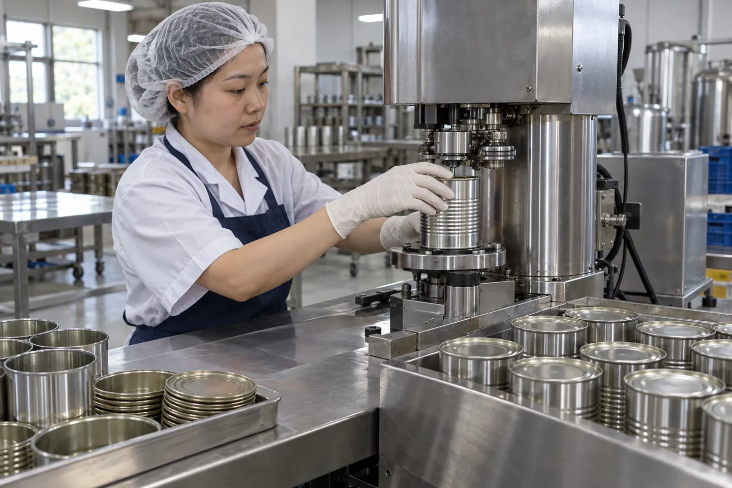 Operator in a hairnet and gloves loading a tinplate can into a stainless steel semi-automatic can seaming machine in a food production workshop, sealed cans lined up on the table