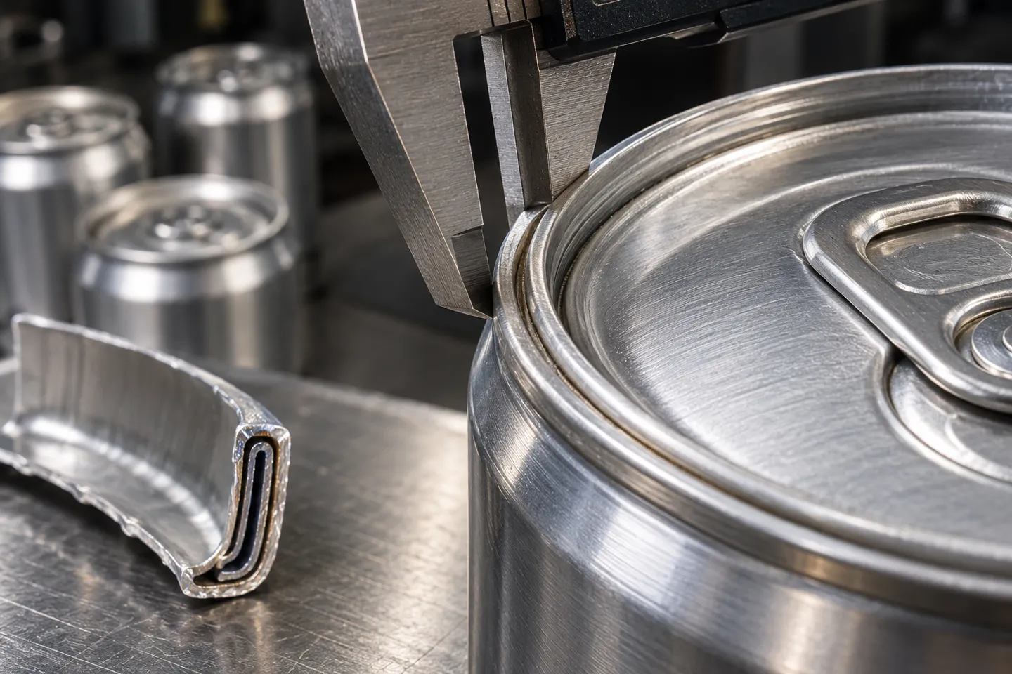 Macro close-up of a caliper measuring the double seam rim of a sealed aluminum can, with a cut seam cross-section sample on the workbench