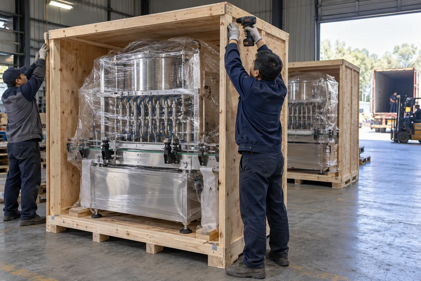 Stainless steel filling machine crated for export in a factory loading bay, a reminder that landed cost adds freight, duty and installation to the quoted filling machine price