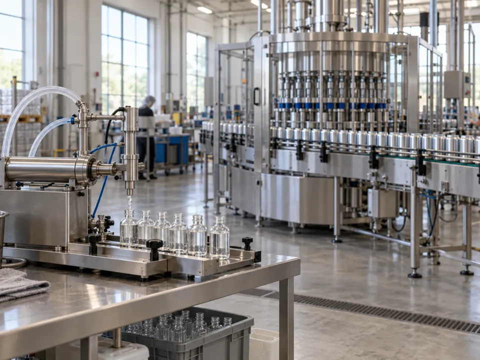 Benchtop filling machine in the foreground and industrial rotary filling line behind it, illustrating why filling machine price spans from around $1,000 to more than $100,000