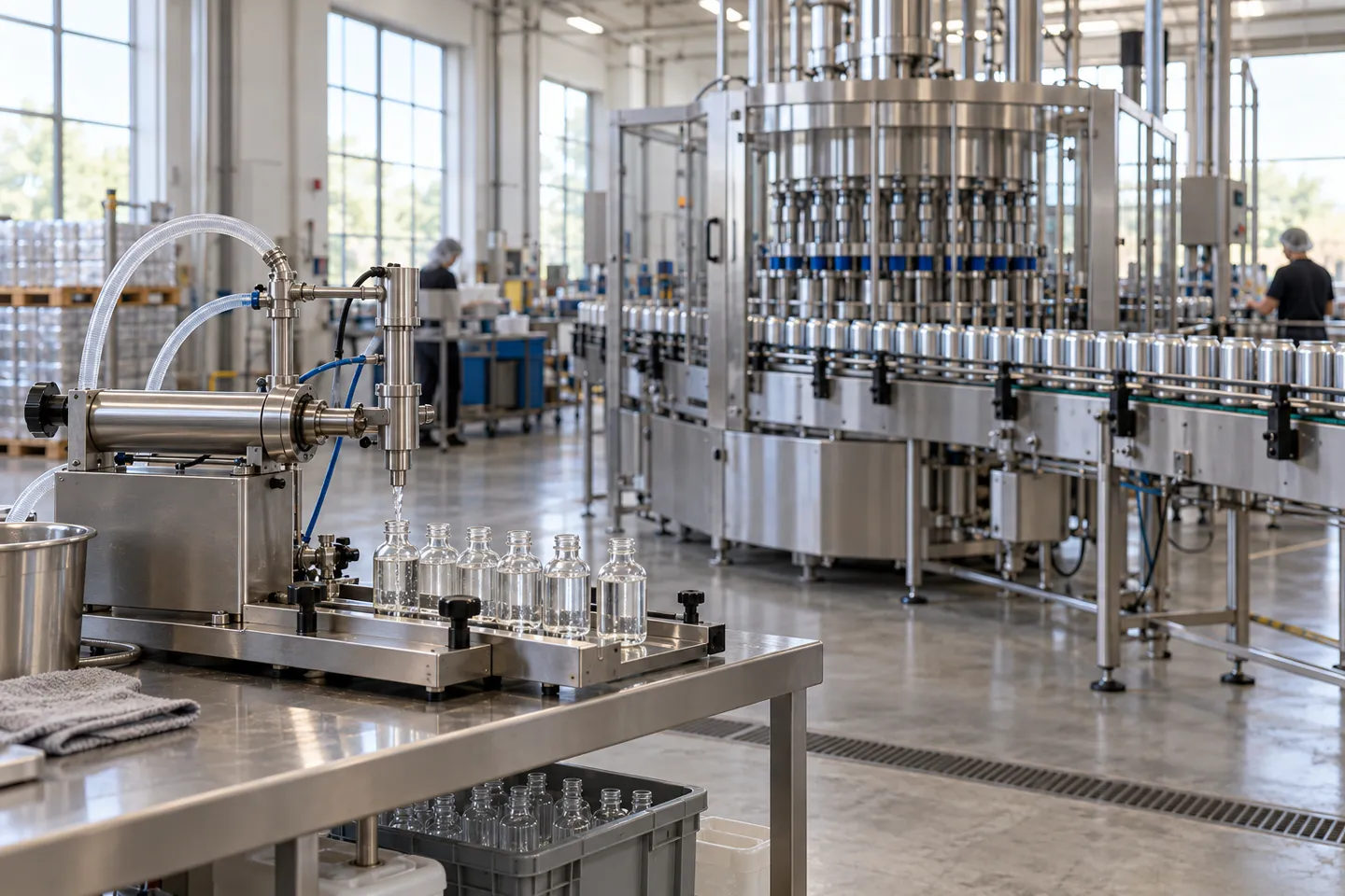 Benchtop filling machine in the foreground and industrial rotary filling line behind it, illustrating why filling machine price spans from around $1,000 to more than $100,000
