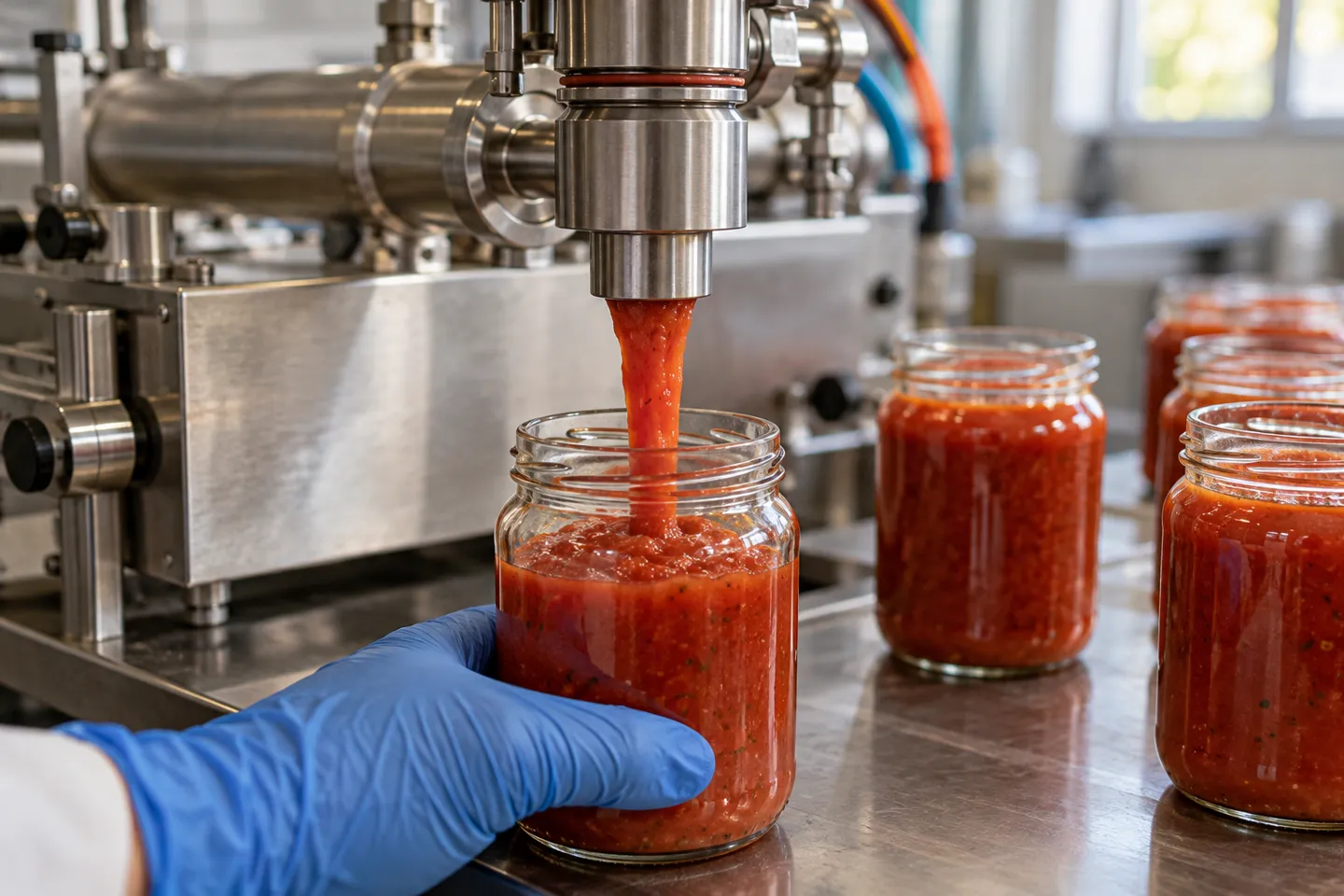 Piston filler dispensing thick tomato sauce into a glass jar, the volumetric metering principle that anchors most mid-range filling machine price quotes
