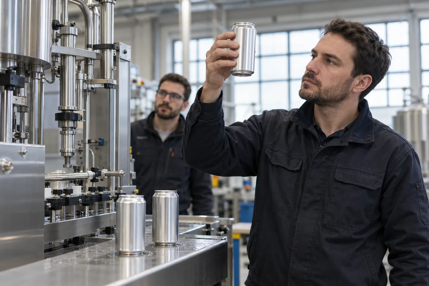 Engineer checking the fill line in a sample can during a factory trial run, the acceptance test that protects your filling machine budget before final payment