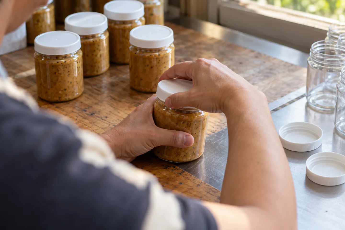 A worker tightening a white screw cap onto a clear plastic jar by hand at a workshop bench, the manual method of how to seal a plastic jar at low volume.