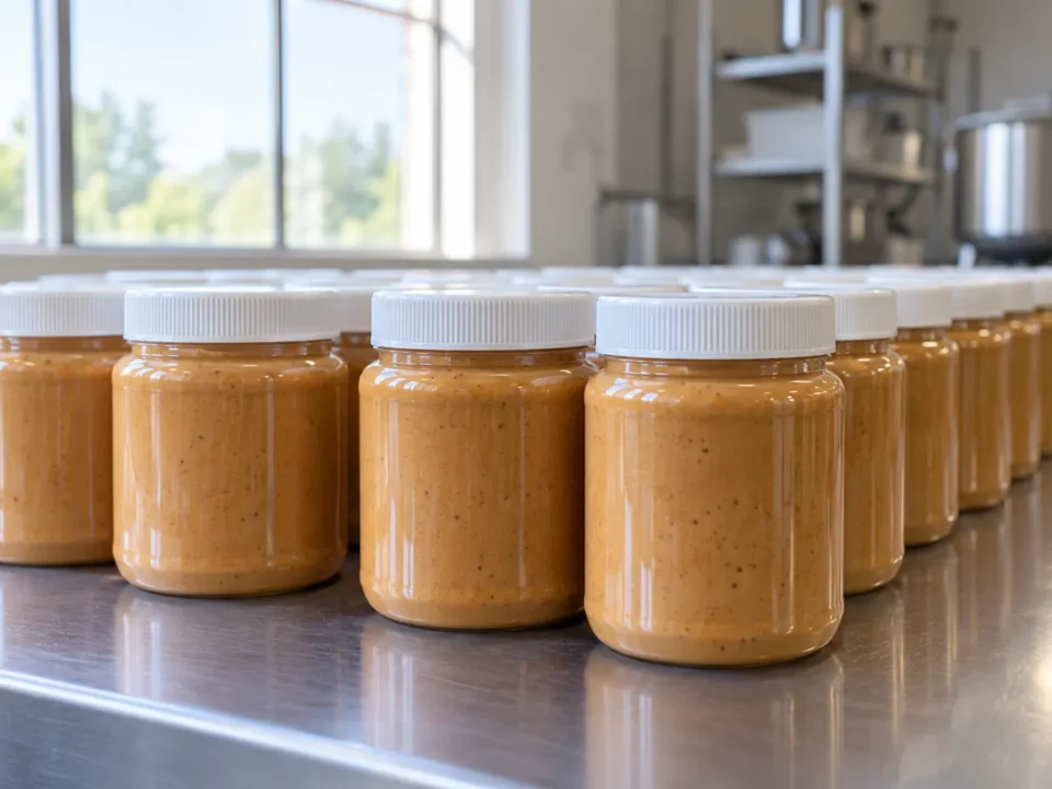 Rows of freshly filled plastic peanut butter jars with white screw caps lined up on a stainless steel workbench, the scene where learning how to seal a plastic jar begins.