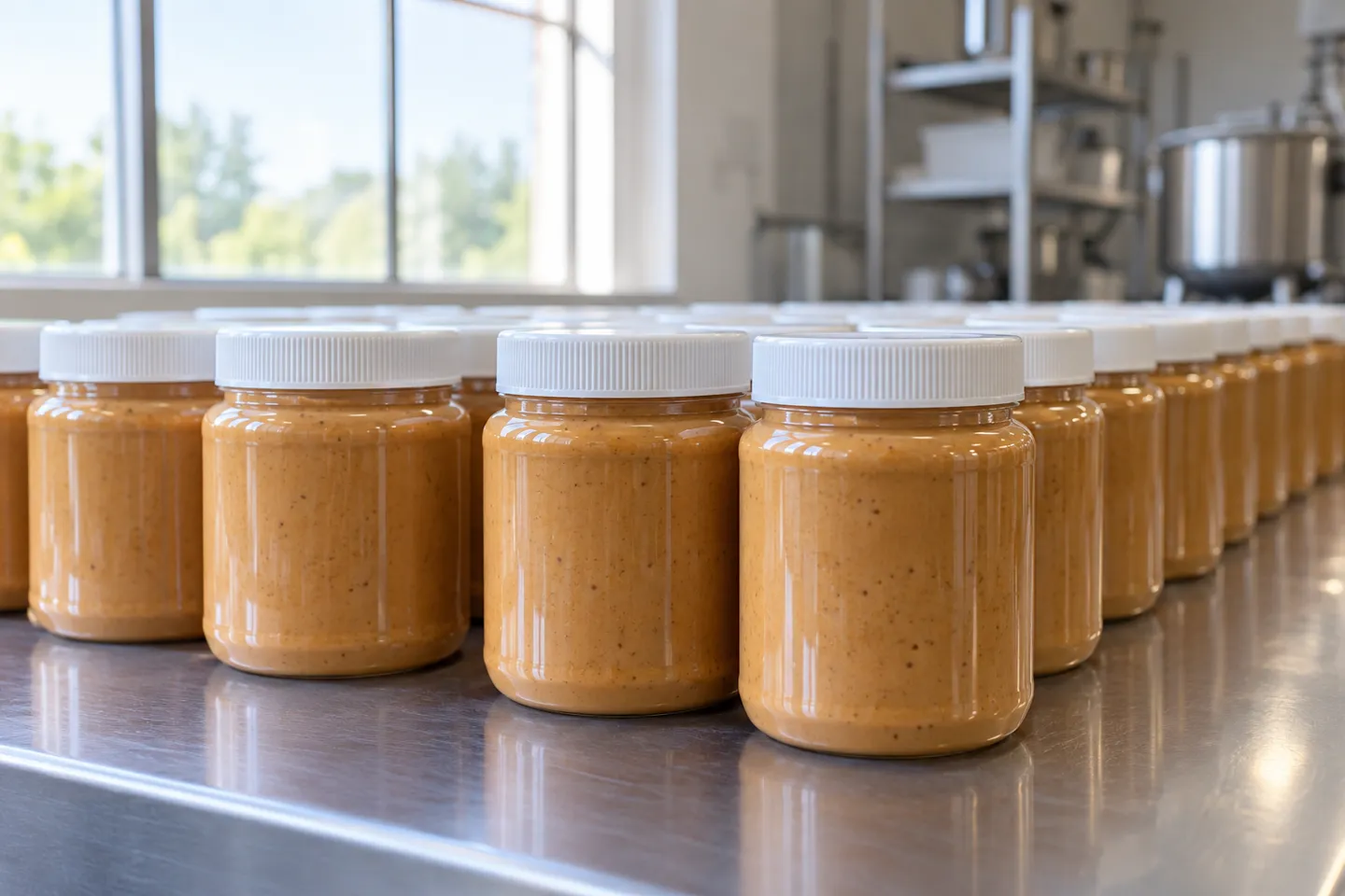 Rows of freshly filled plastic peanut butter jars with white screw caps lined up on a stainless steel workbench, the scene where learning how to seal a plastic jar begins.