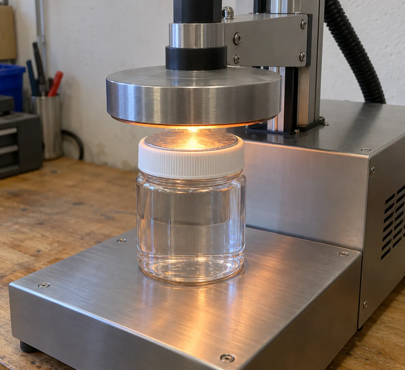 A benchtop induction sealer head heating the foil liner inside a white screw cap on a clear plastic jar, the step that turns a lined cap into a true seal on a plastic jar.