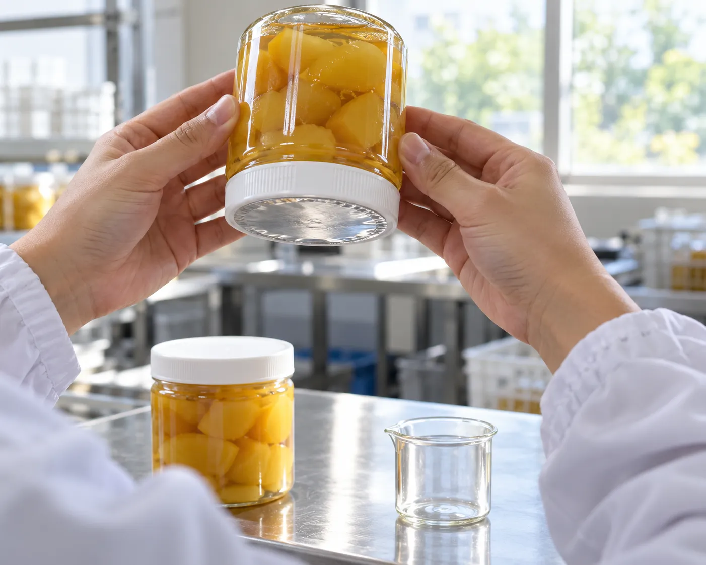 An inspector holding a sealed clear plastic jar upside down over a bench to check the white screw cap and foil liner, a simple floor check for how to seal a plastic jar you can defend.