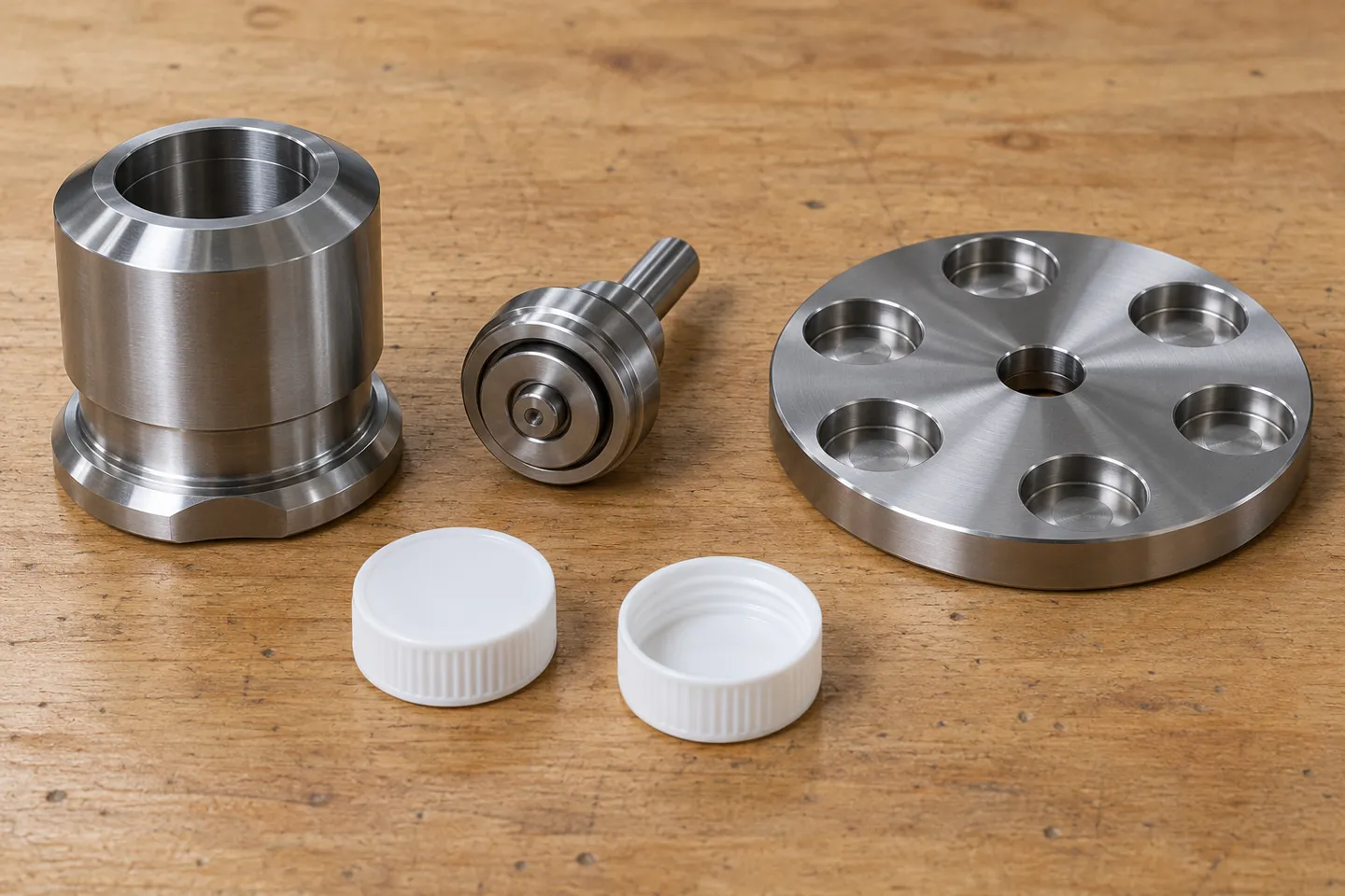 Machined sealing machine change parts including a seaming chuck, a seaming roller, and a turntable disc beside white plastic screw caps on a workbench.