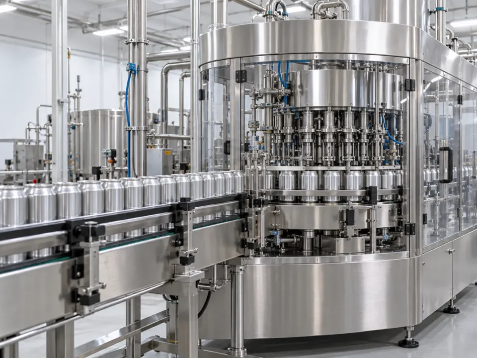 A stainless steel canning and filling line in a modern food plant, the kind of equipment that hygienic design of food processing equipment standards are written for