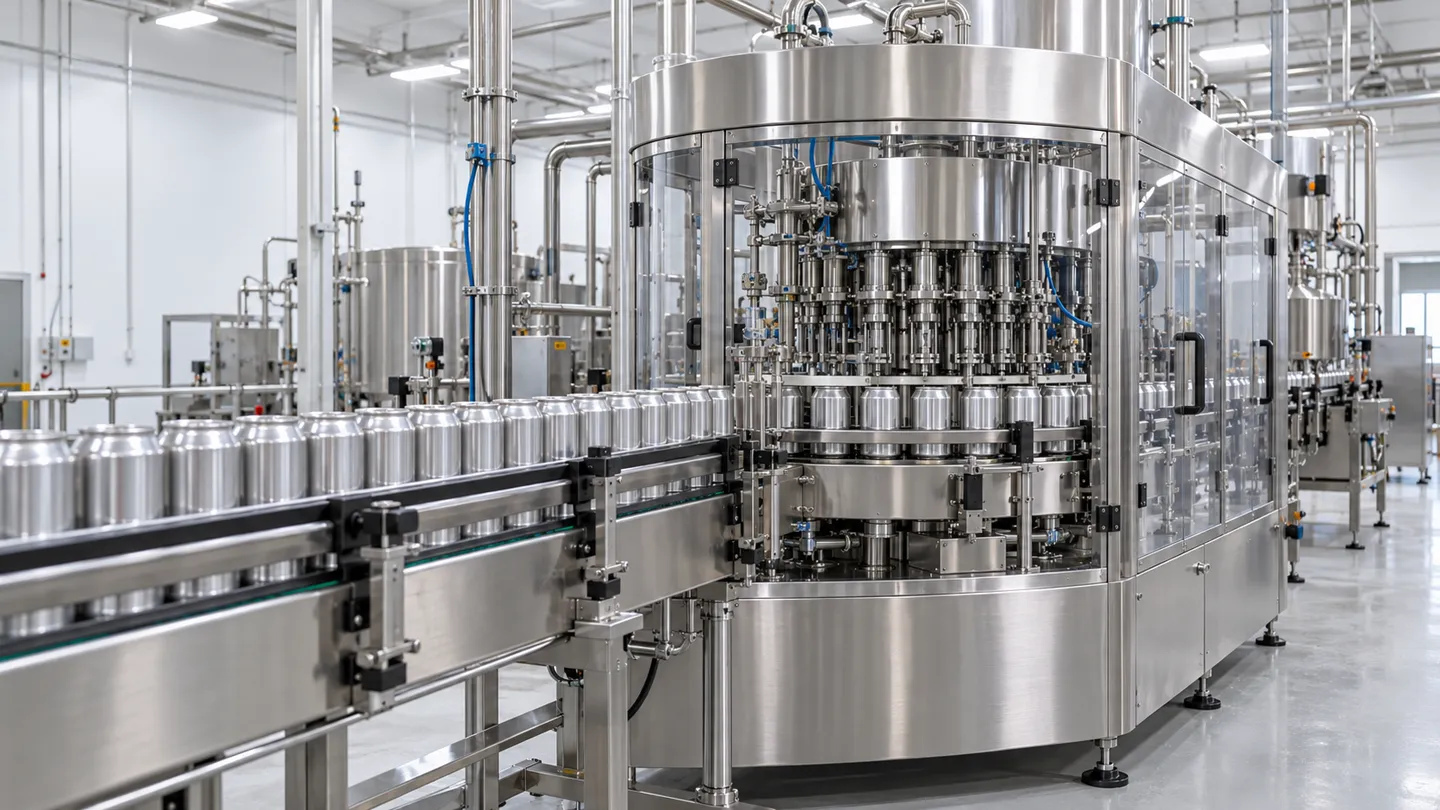 A stainless steel canning and filling line in a modern food plant, the kind of equipment that hygienic design of food processing equipment standards are written for