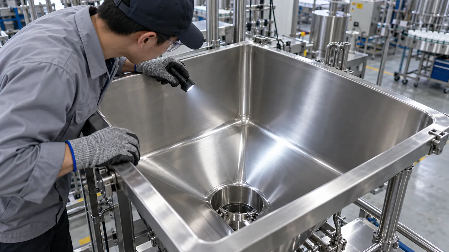 An engineer shining a flashlight inside an open stainless steel hopper to inspect welds and internal corners during a hygienic design check of food processing equipment