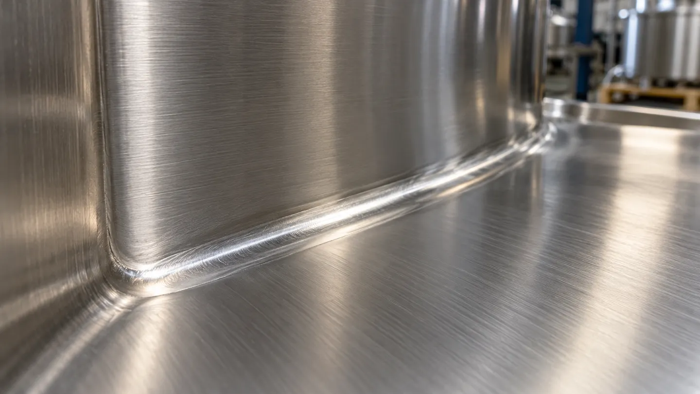 Close-up of a smoothly ground sanitary weld seam between brushed stainless steel sheets on food processing equipment, the finish quality behind an Ra 0.8 surface spec
