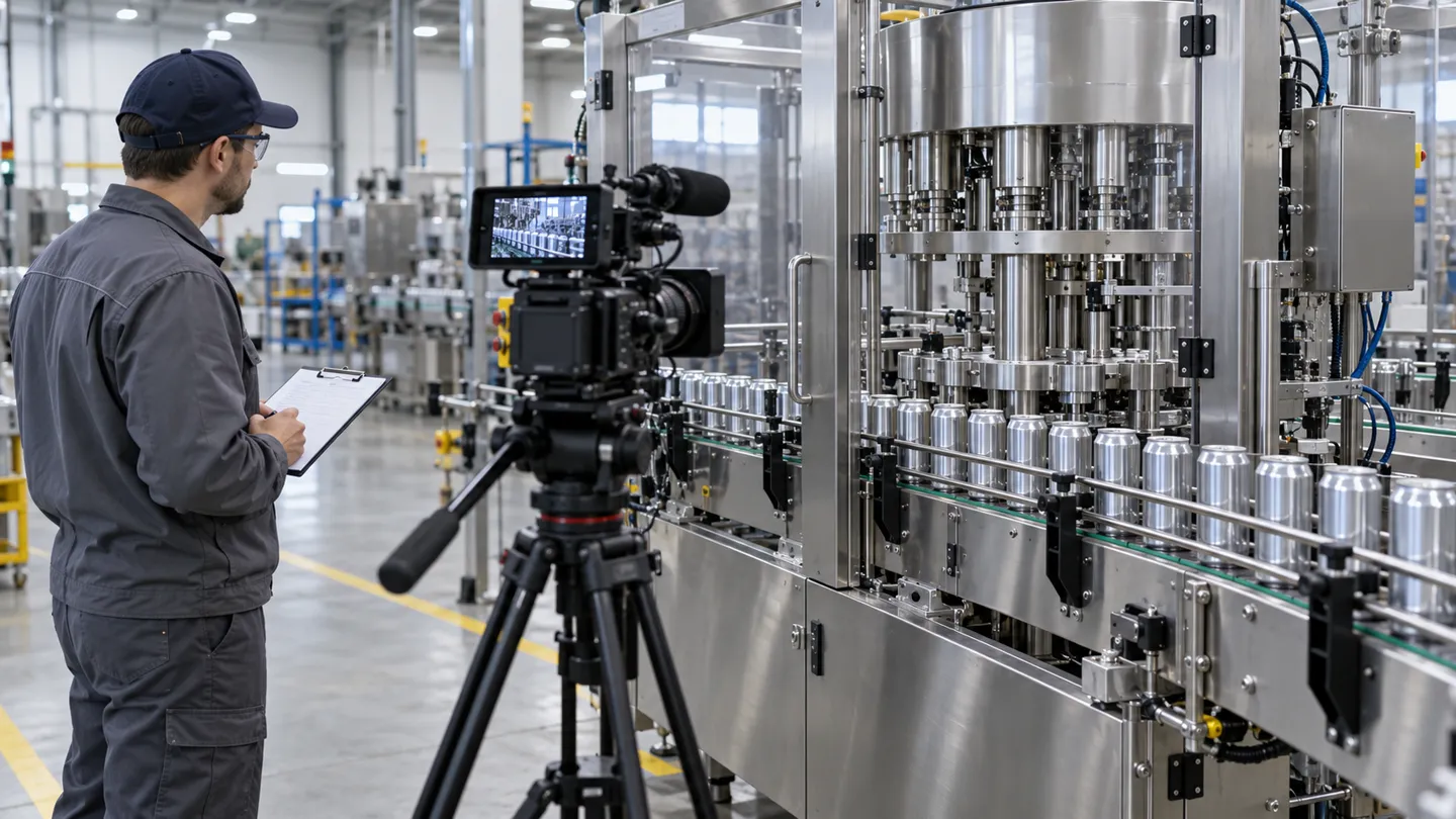 A video camera on a tripod filming a trial run of aluminum cans on a stainless steel canning machine during a factory acceptance test before delivery