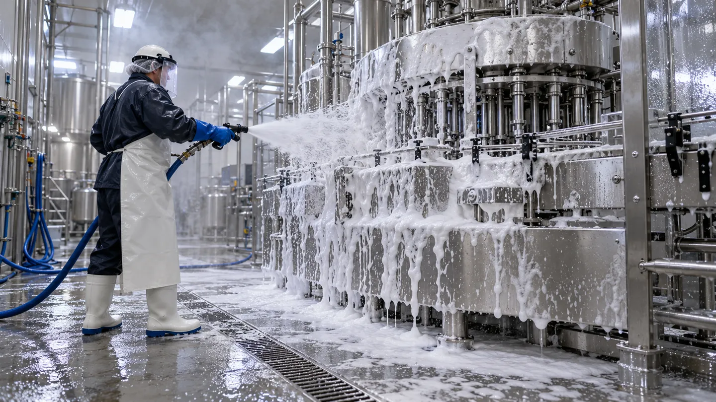 A sanitation worker covering a stainless steel filling machine with caustic cleaning foam during the nightly washdown in a food processing plant