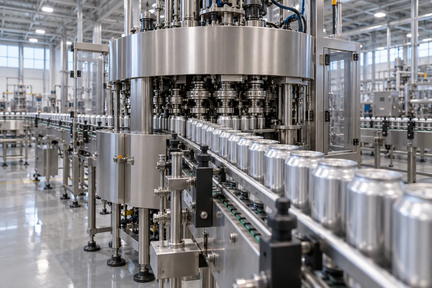 A fully automatic rotary can seaming machine running aluminum cans along a conveyor without an operator, the class of engineering behind the $65,000-plus packaging machine cost tier.