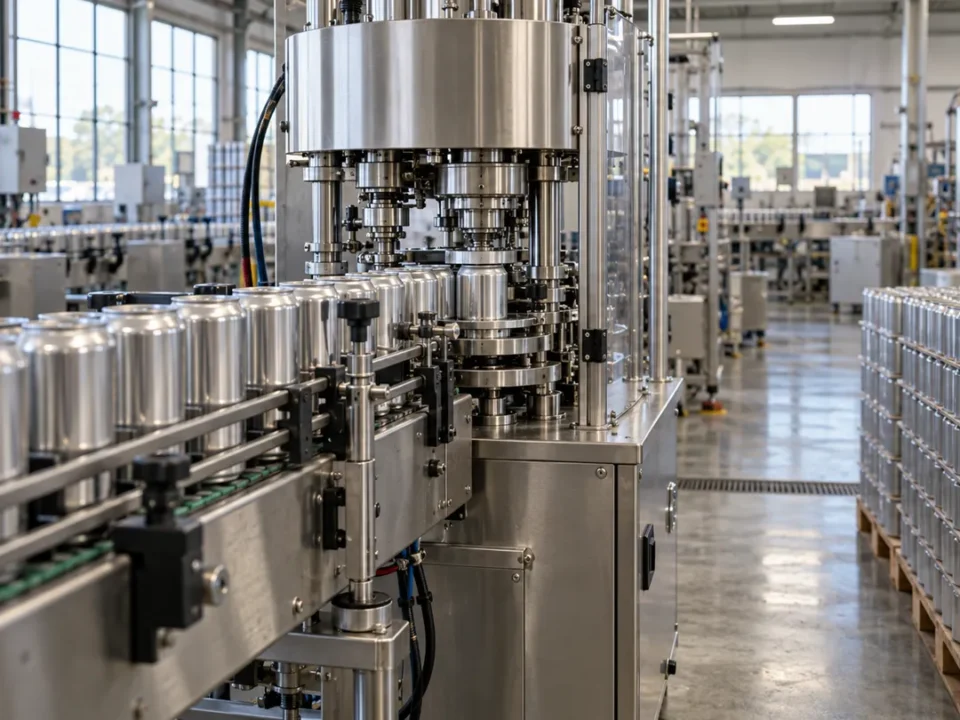 A compact canning line feeding aluminum cans into a stainless steel can seamer on a small production floor, the scale of equipment where most buyers first meet packaging machine cost.