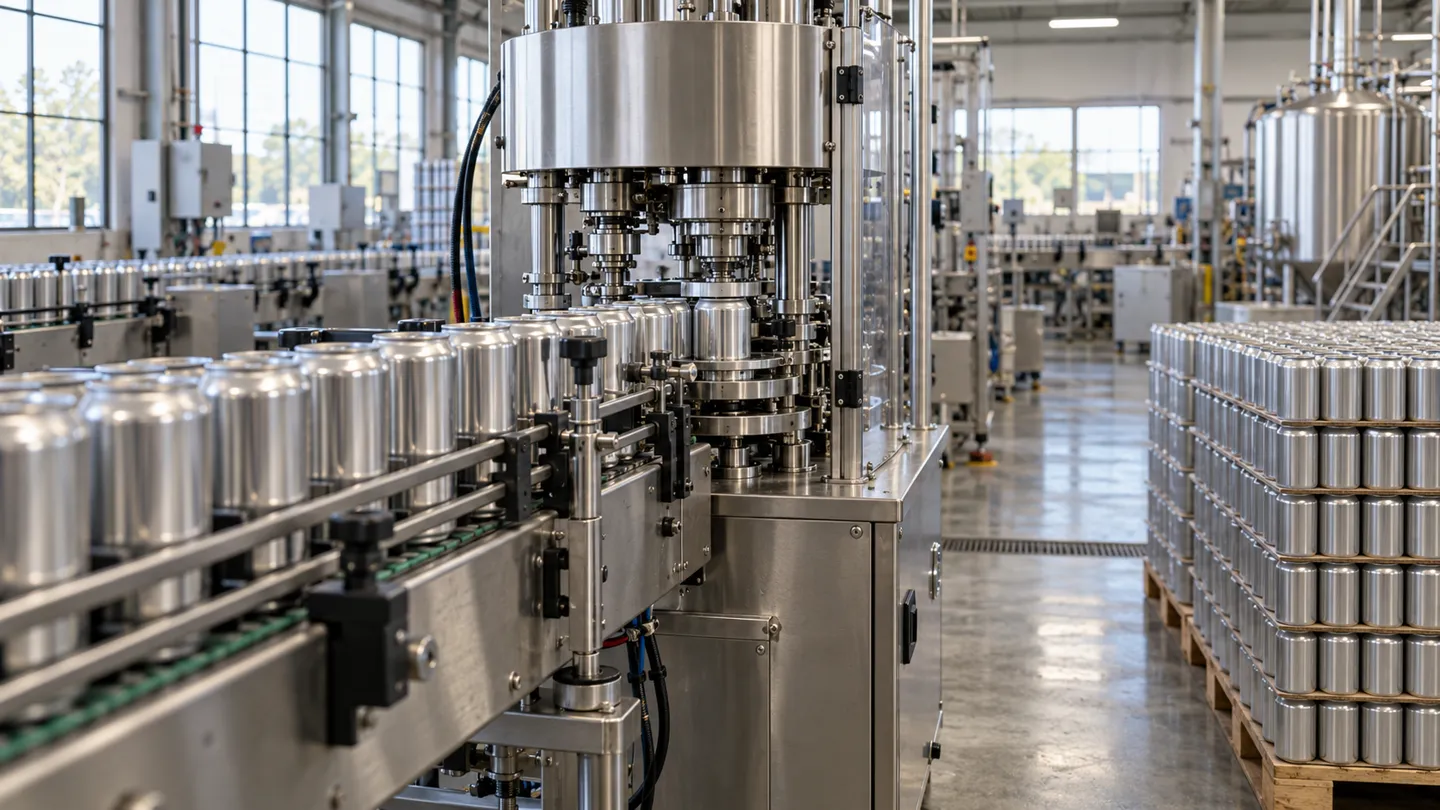 A compact canning line feeding aluminum cans into a stainless steel can seamer on a small production floor, the scale of equipment where most buyers first meet packaging machine cost.