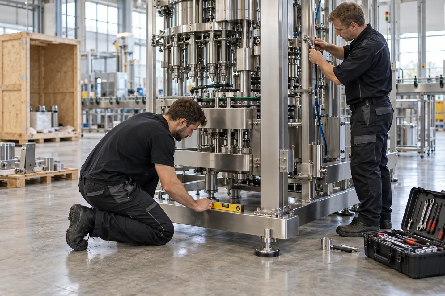 Technicians leveling and commissioning a stainless steel canning machine on a production floor, installation work that adds 5 to 15 percent to the quoted packaging machine cost.
