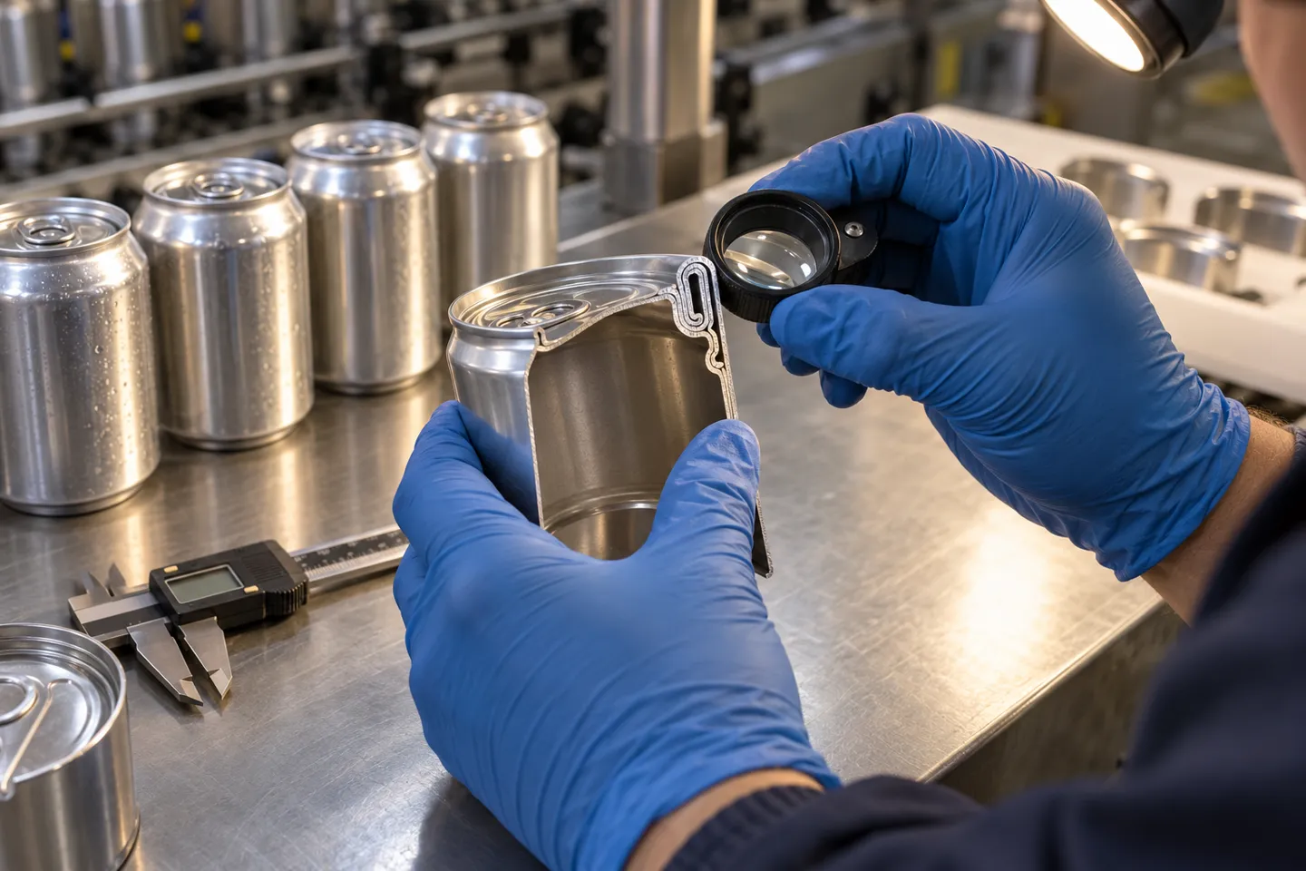 A quality technician inspecting the cut-away double seam of an aluminum can under a loupe, the factory acceptance check that protects the packaging machine cost already paid.
