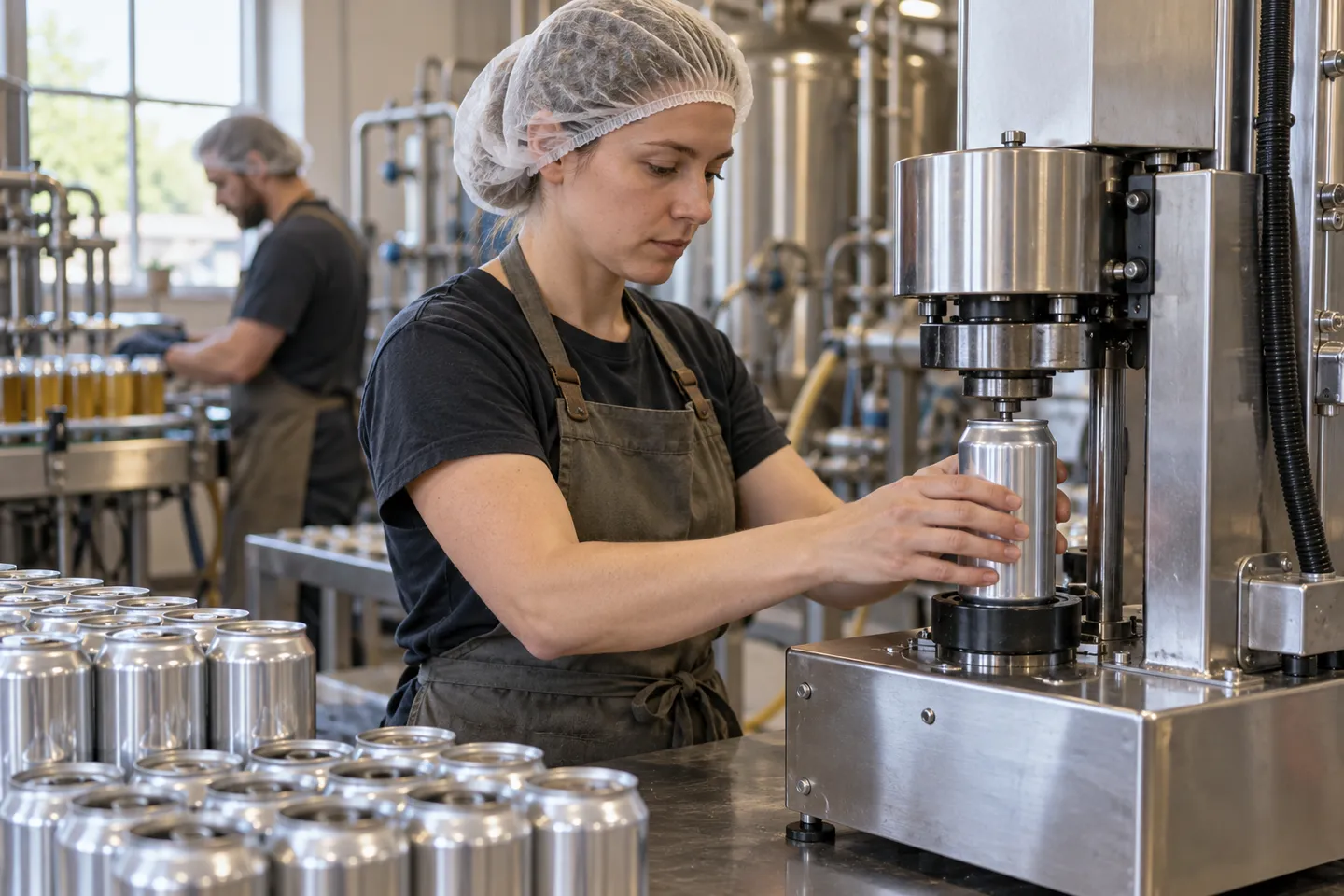 An operator hand-feeding cans into a semi-automatic can seaming machine, the crewed working style typical of the $20,000 to $55,000 packaging machine cost tier.