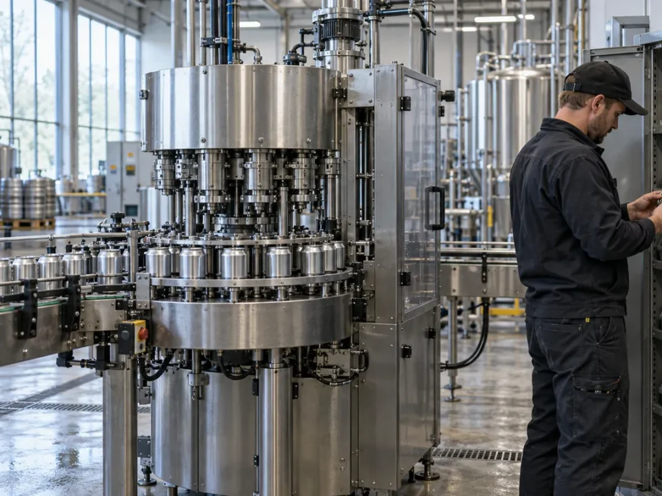 A technician keeps packaging machine spare parts organized in a cabinet beside a can seaming line so the next roller change never waits on a missing component