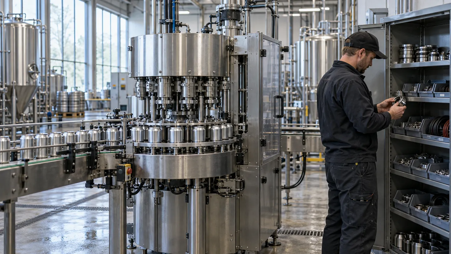 A technician keeps packaging machine spare parts organized in a cabinet beside a can seaming line so the next roller change never waits on a missing component