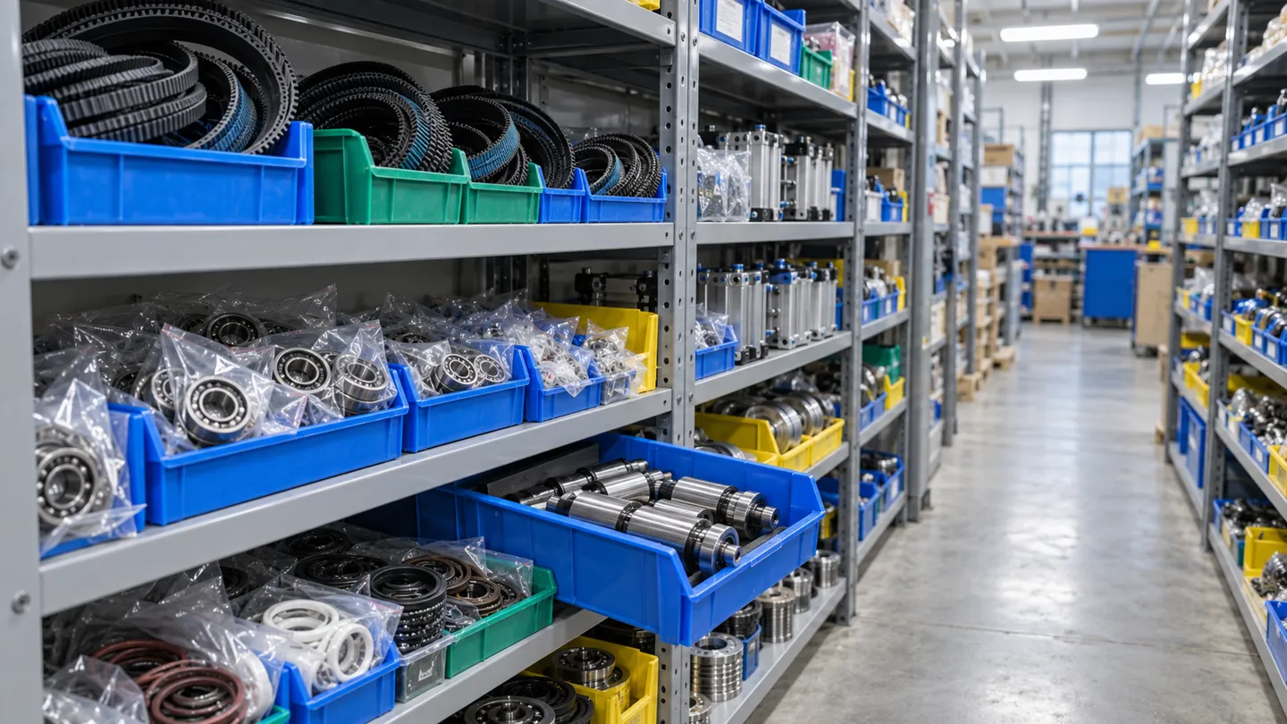 Color-coded bins of belts, bearings, seal kits and seaming components on steel shelving in a packaging machine spare parts storeroom organized by stocking tier