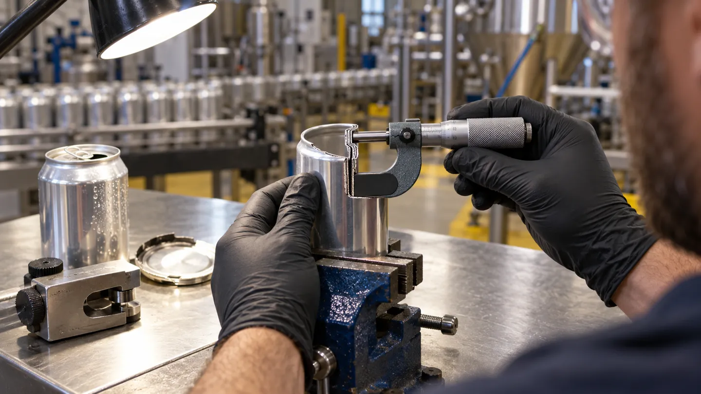 A seam teardown in progress as a technician measures the double seam of a cut can with a micrometer, the measurement that decides when seamer parts get replaced