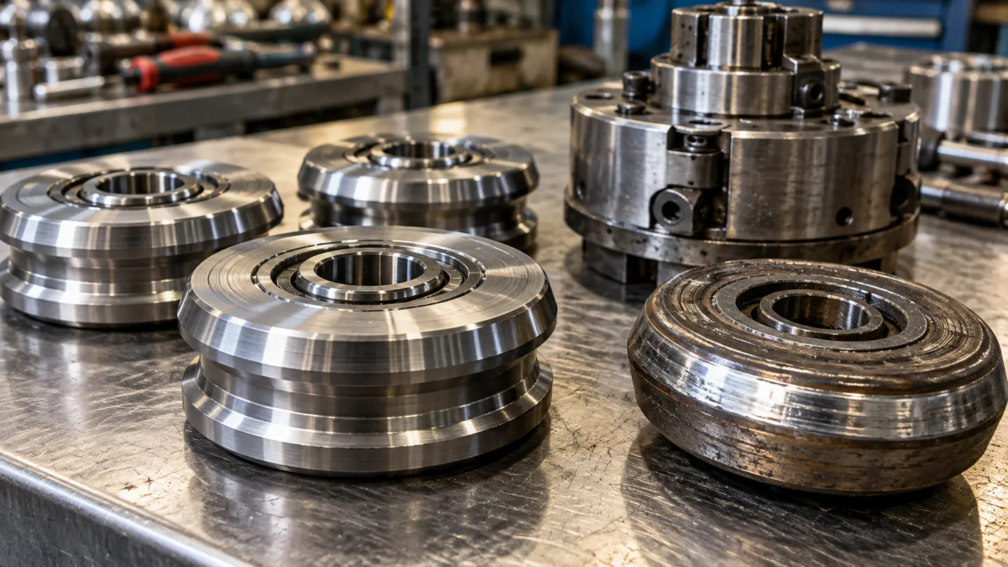 New can seaming rollers and a seaming chuck on a workbench next to a worn roller, the highest-turnover items in any packaging machine spare parts inventory