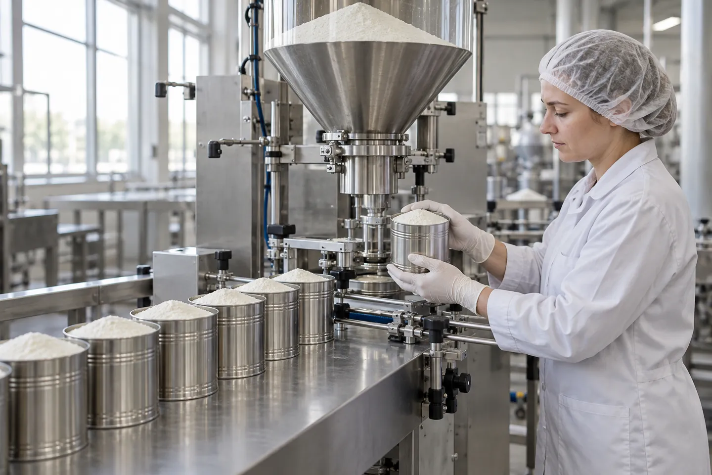 Factory acceptance test of a powder filling machine, sample cans of powder lined up for weight checks before shipment