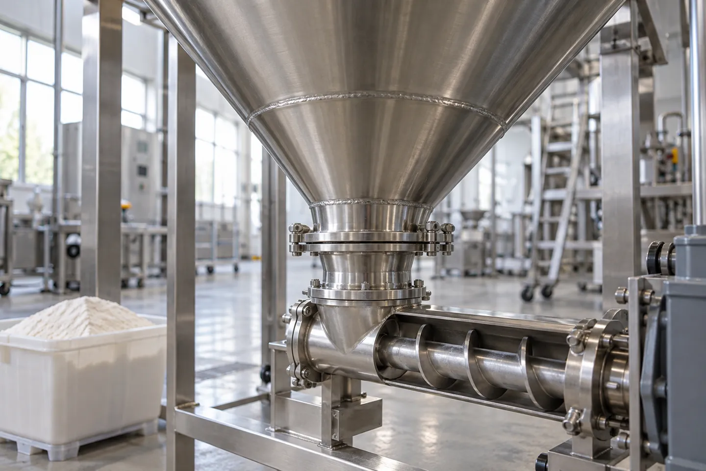 Close view of a hopper cone and auger inlet on a powder filling machine, the geometry where cohesive powder bridges over the outlet