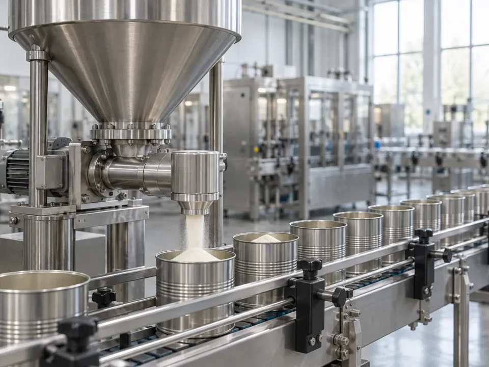 Stainless steel powder filling machine with a conical hopper and a can conveyor, the class of equipment where powder bridging interrupts dosing