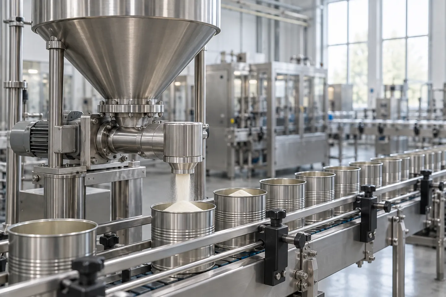 Stainless steel powder filling machine with a conical hopper and a can conveyor, the class of equipment where powder bridging interrupts dosing