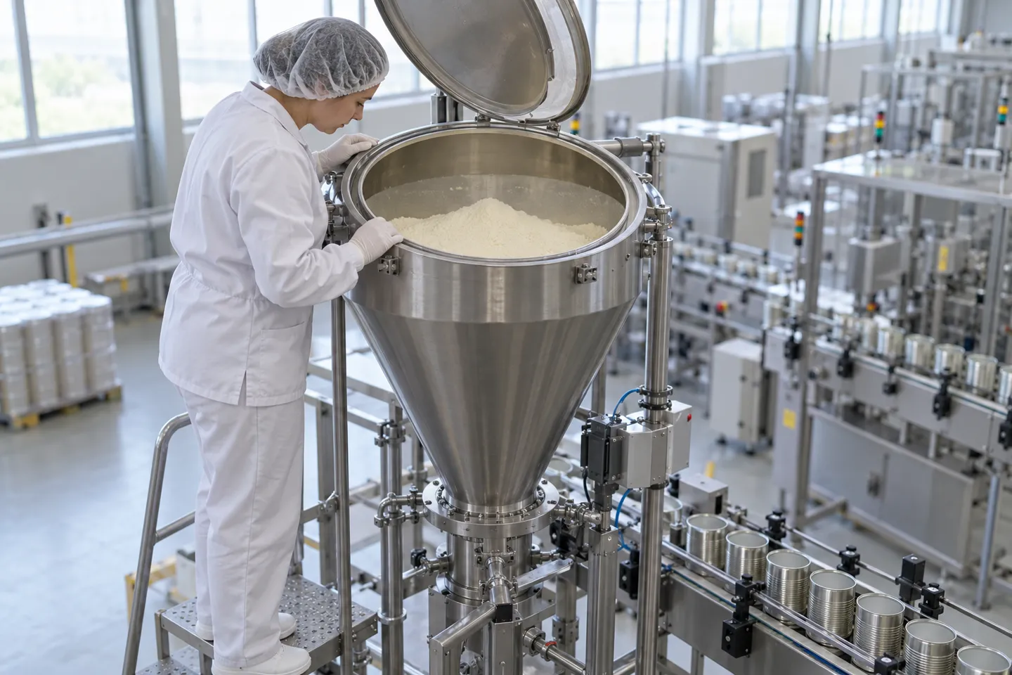Operator checking the powder level inside a stainless steel hopper during production, a daily habit that keeps auger feed pressure steady and limits powder bridging risk
