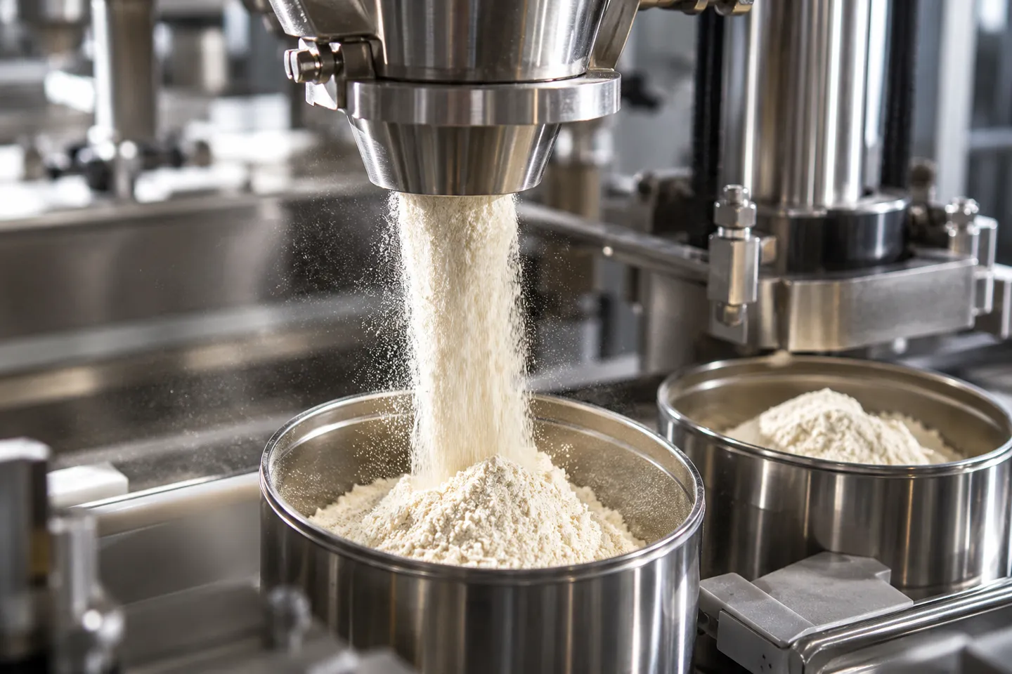 Uma cabeça de enchimento com rosca sem-fim servo-controlada que dosifica um fluxo fino de proteína em pó numa lata metálica redonda; o princípio de dosagem é comum às máquinas de enchimento de pó semiautomáticas e automáticas